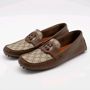 $790 AUTH Gucci Supreme GG Interlocking Loafer Drivers Brown UK 8.5 US 9 BNIB